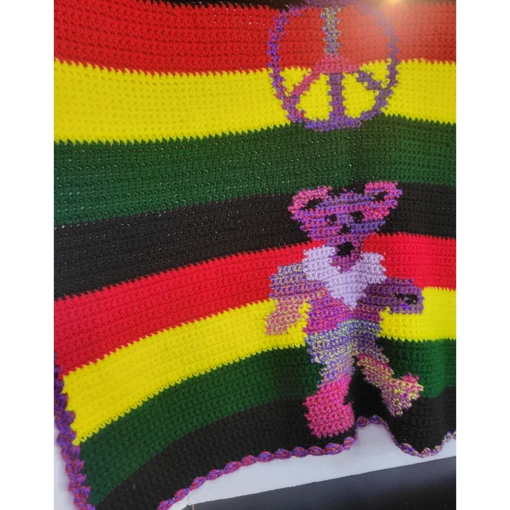 Grateful Dead‎ Peace Bear Crochet Blanket Handmade Hippie Throw 37x33